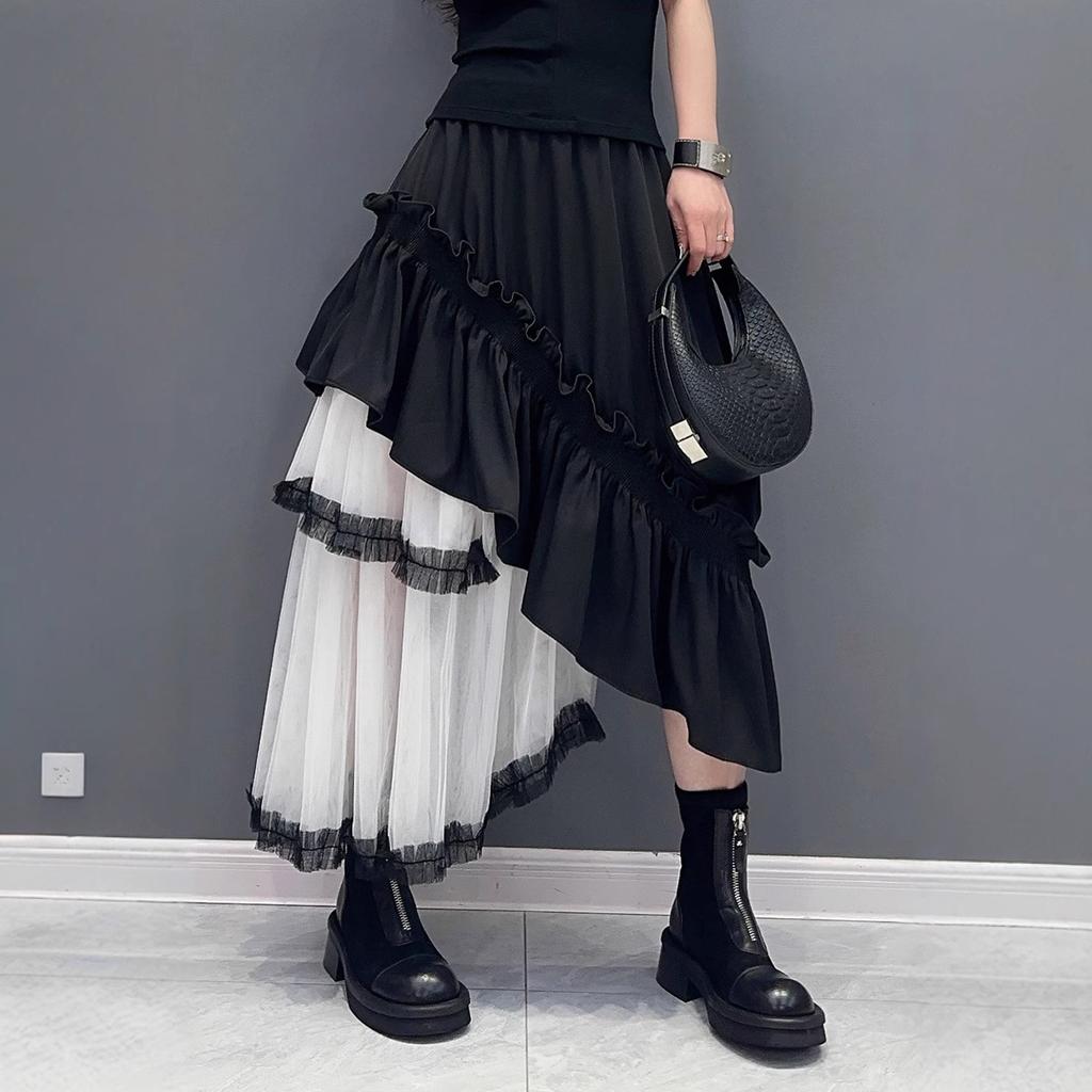 European Station Spring and Autumn New French Retro Design Sense Irregular Mesh Splicing Fluffy Half-length Dress Women
