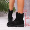 Fashion Women Round Toe Short Boots Autumn Winter Retro Leopard Women's New Size 36-42 Back Zip Ankle Booties Botas Para Mujer Fashion