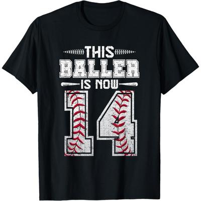 This Baller Is Now 14 Birthday Baseball Theme Bday Party T-Shirt(1)