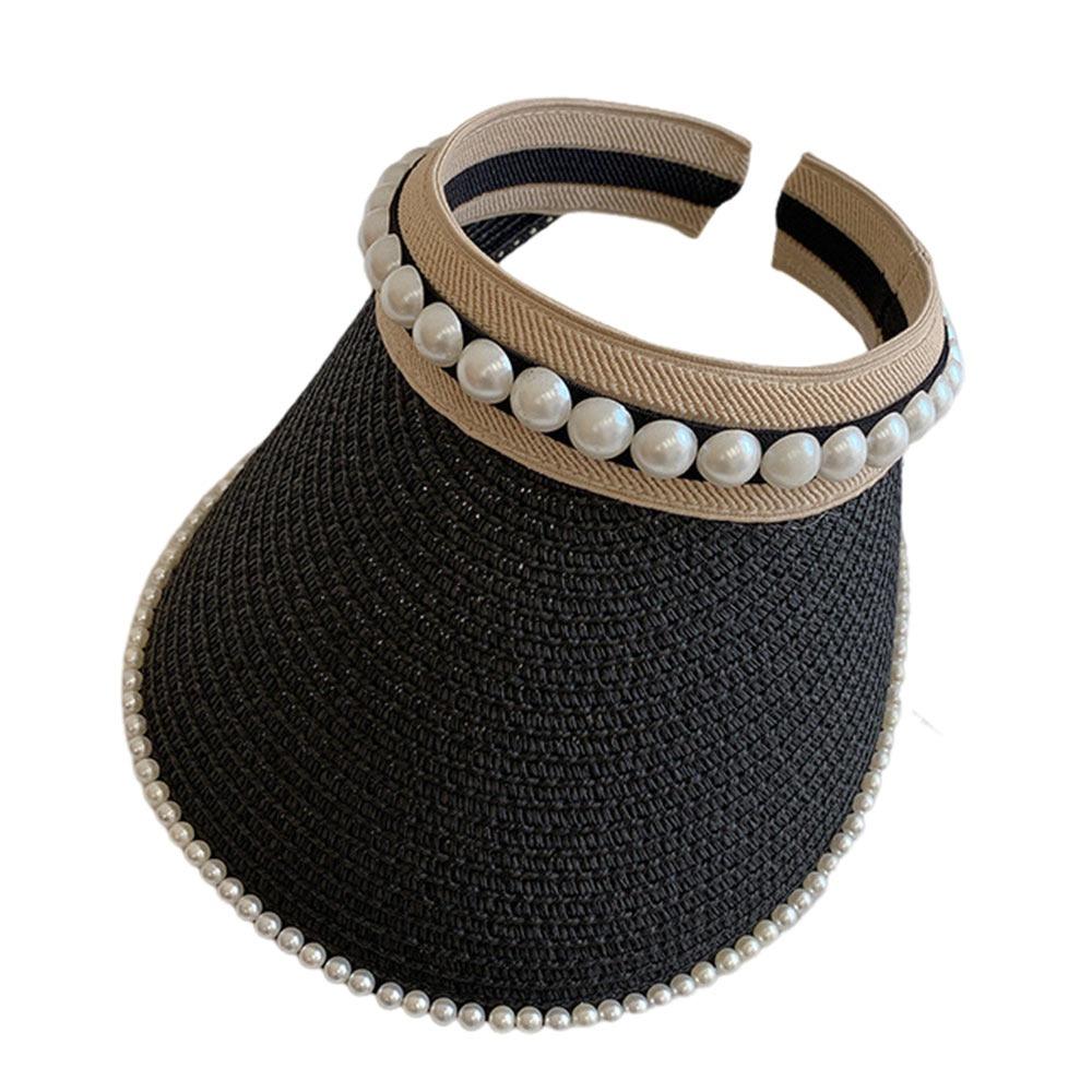 Wide Brim Sun Hat Pearl Decorated Straw Hat Imitation Pearl Beach Hat  UV Protection