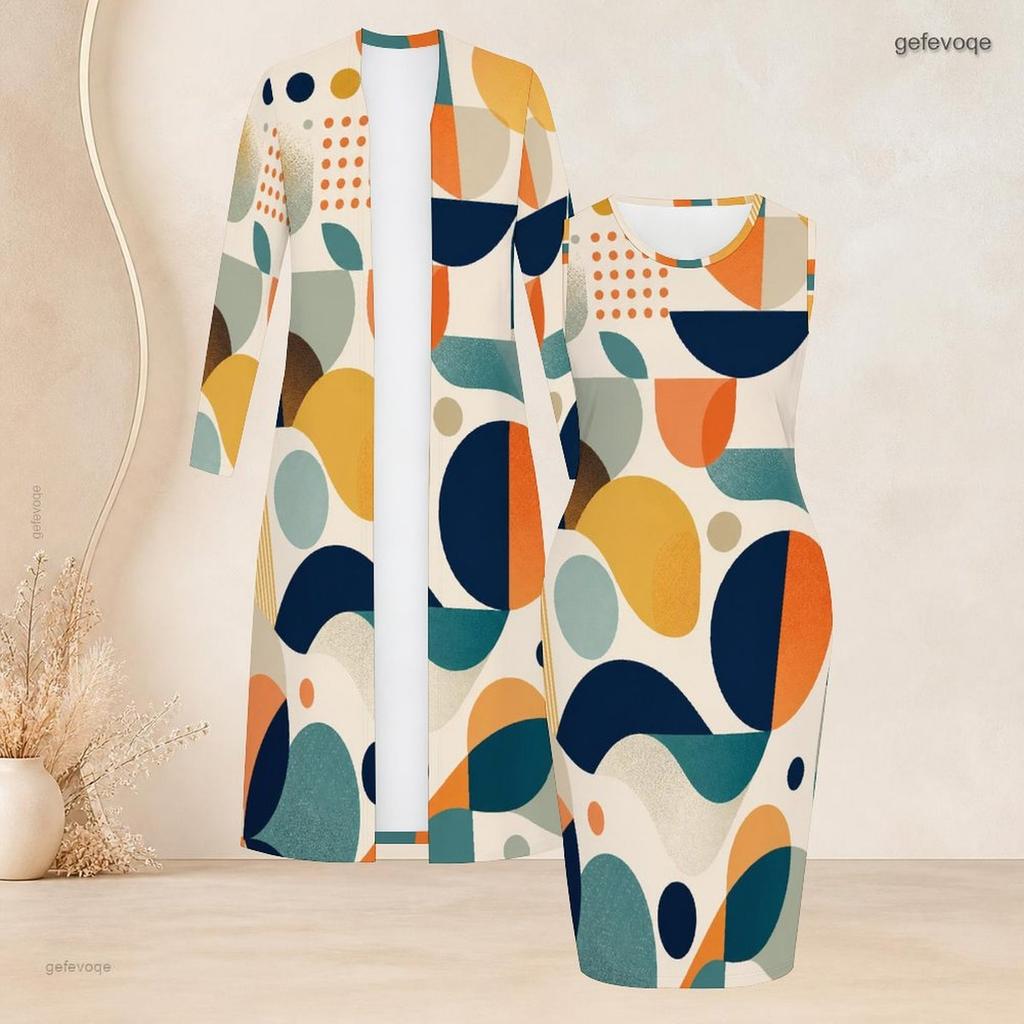 Women Plus Size Two Piece Set Geometric Printed Long Sleeve Open Front Cardigan Round Neck Sleeveless Bodycon Dress