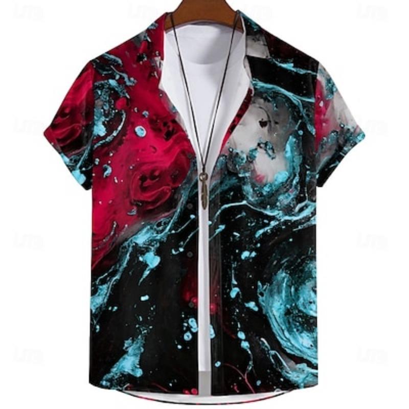 Men's Geometric Shirt Short Sleeve Abstract Casual Summer Turndown Button Up Red Blue Purple Green