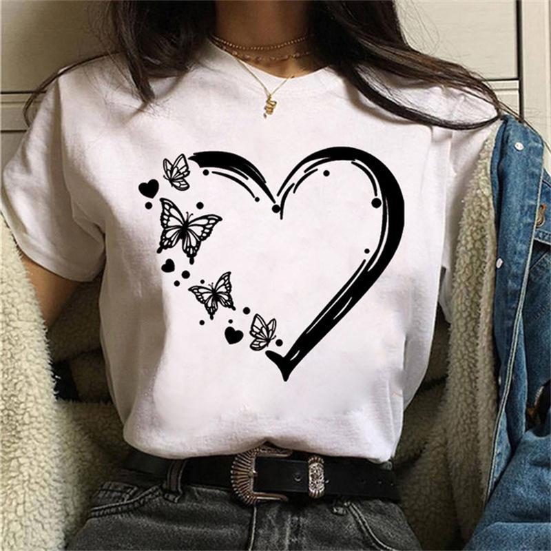 Women Short Sleeve T-shirt Butterfly Love Heart Print - Casual Graphic Tee