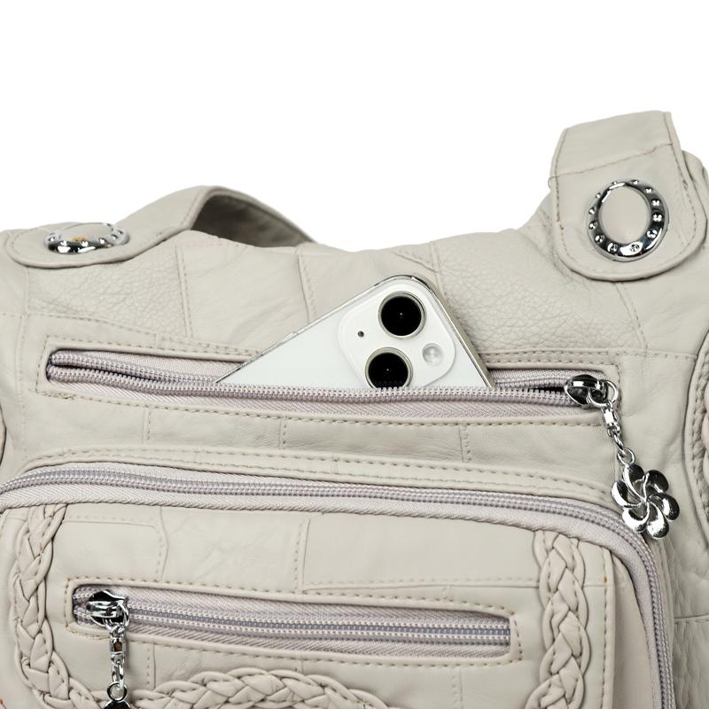 Women's Vintage Leather Shoulder Bag Multi-Zipper Pocket Crossbody Bag with Braided Detail Casual Handbag for  Use for Daily Life and Weekend Outings