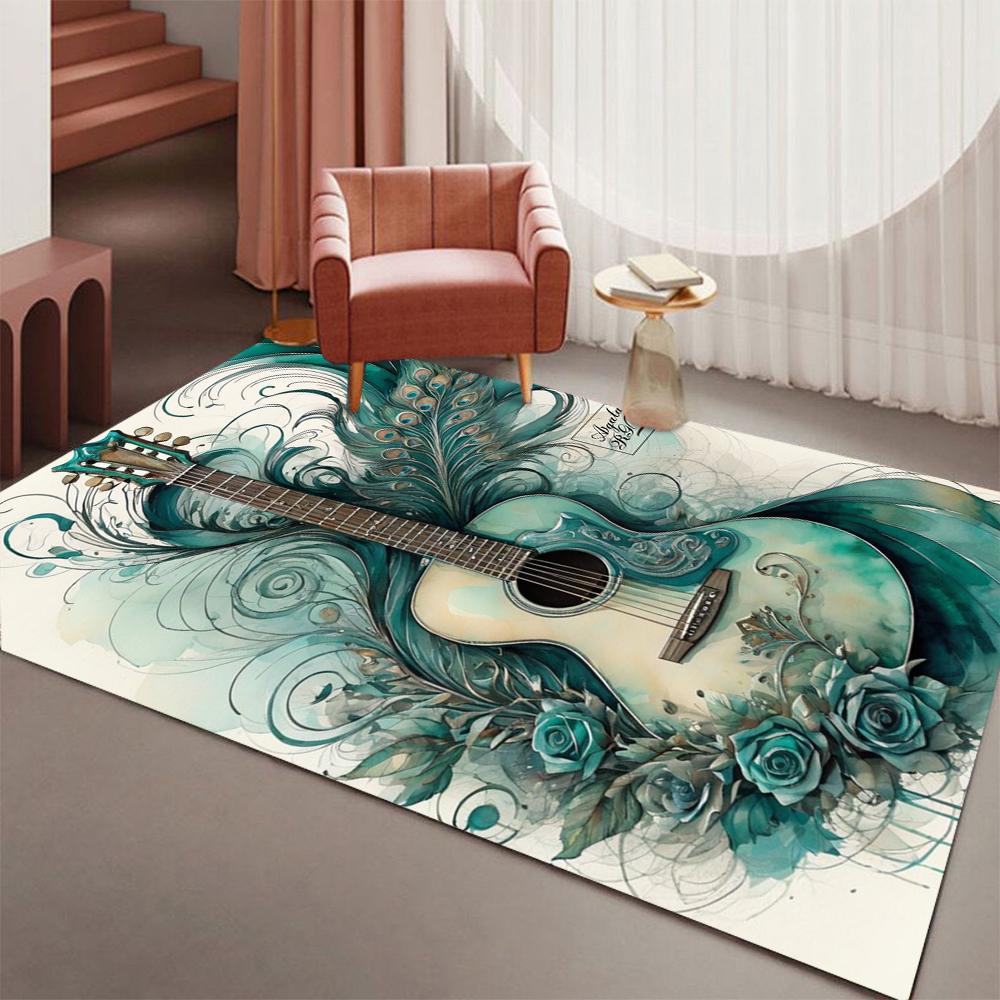 Guitar Floral Art Rug Large Size Non-Slip Floor Mat Creative Music Theme Carpet for Living Room Bedroom Home Decoration