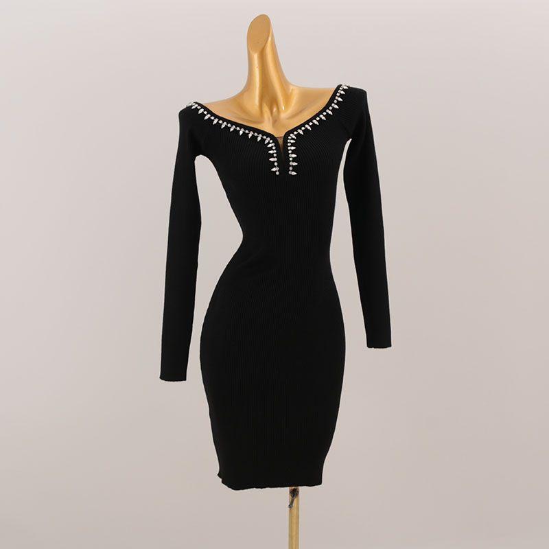 

Light Luxury High-End Imported Rhinestone off-Neck Long sleeve dress European and American Open Collarbone Slim fit Slimming Sheath Knitted Skirt Black All yards