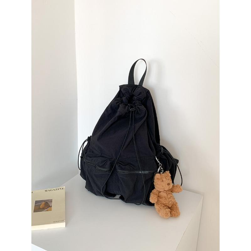 Drawstring Pleated Schoolbag Backpack Women's Niche~~ Nylon Large Capacity Travel Light Backpack Commuter Women