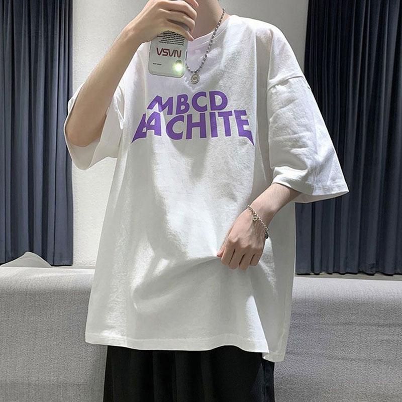 Fashionable Letter Printed T-shirts Summer Korean Short Sleeve Men's Clothing Young Style Casual Round Neck Chic Loose Pullovers