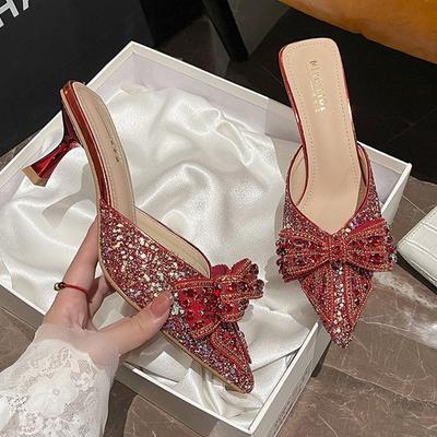 Rhinestone Butterfly-Knot Sexy Slippers Women Luxury Pointed Toe Slides Female Shiny Elegant High Heels Sandals Women Pumps