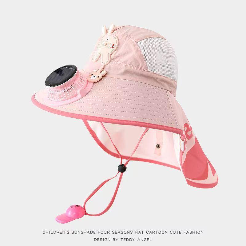 Kids Wide Brim Sun Hat Solar Rechargeable Fan Neck Flap Uv Protection For Summer Beach Activities