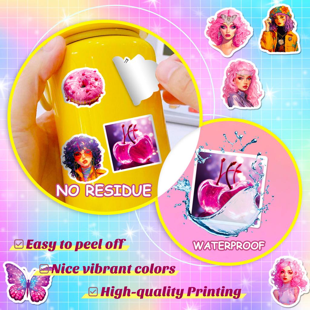 50 Pink Girl Y2K Stickers New Steam Wave Y2K Style Harajuku Girl Kawaii Trendy Toy Stickers