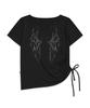 ESCAPEFROM [Escf X Hot Today] Cross Angel Print Side Shirring Detail Loose Fit One-Shoulder Short Sleeve T-Shirt Black