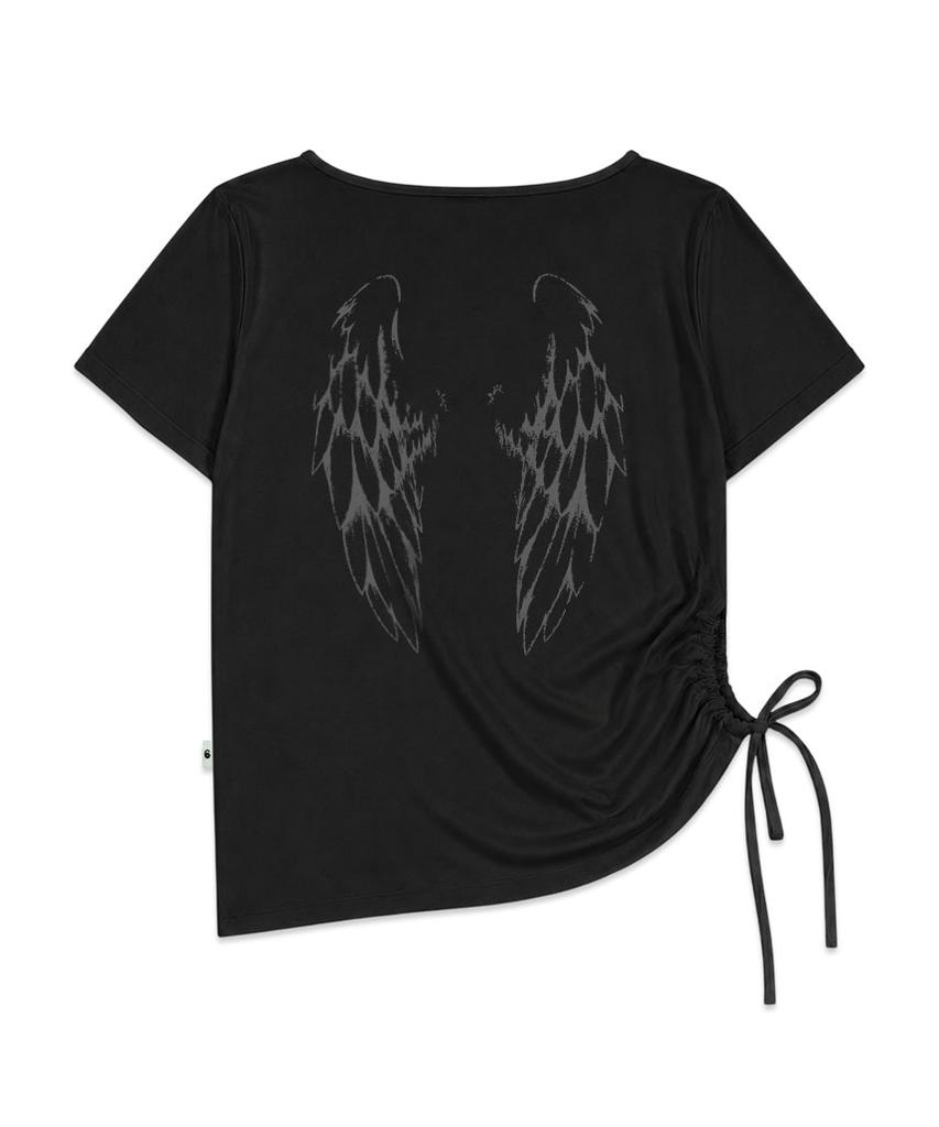 ESCAPEFROM [Escf X Hot Today] Cross Angel Print Side Shirring Detail Loose Fit One-Shoulder Short Sleeve T-Shirt Black