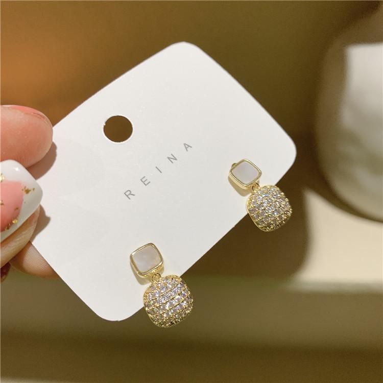 Korea  Fashion Jewelry 14K Gold Plating AAA Zircon Exquisite Square Pendant Earrings Simple Opal Women's Wedding Accessories