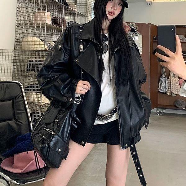 Amerikanischer Stil Mode Vintage Biker Lederjacke für Damen Herbst Lockerer Schnitt Vielseitig Trendig Lässige Oberbekleidung