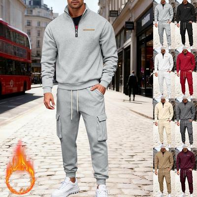 Winter Fleecegefütterter Halb-Reißverschluss Stehkragen Pullover Einfarbig Lässiges Sweatshirt & Arbeitshosen Set für Herren