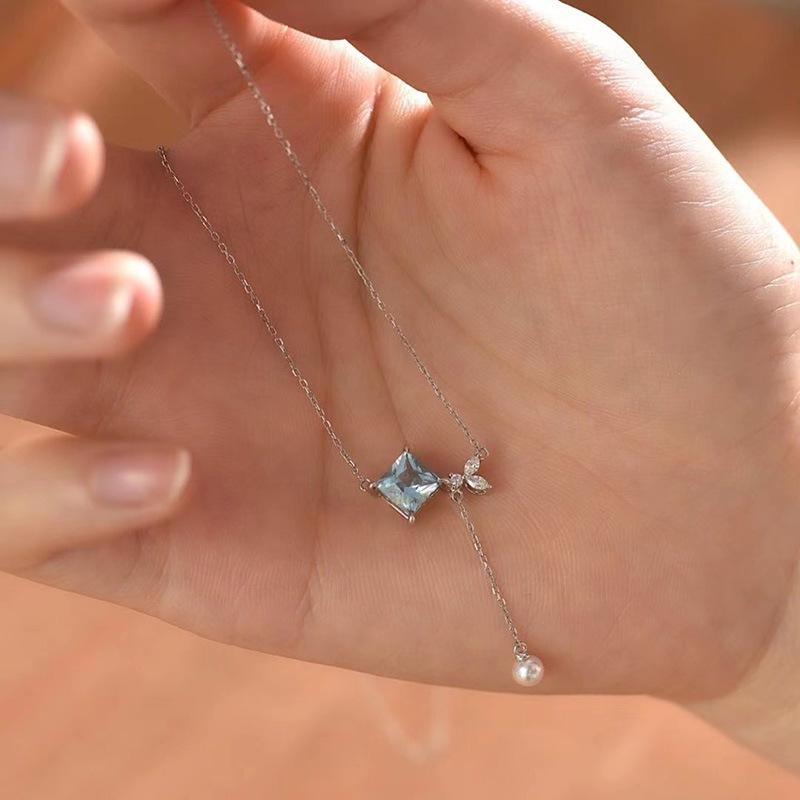 S925 Sterling Silver Rhombus Bow Necklace with Sapphire and Pearl Tassel for Women