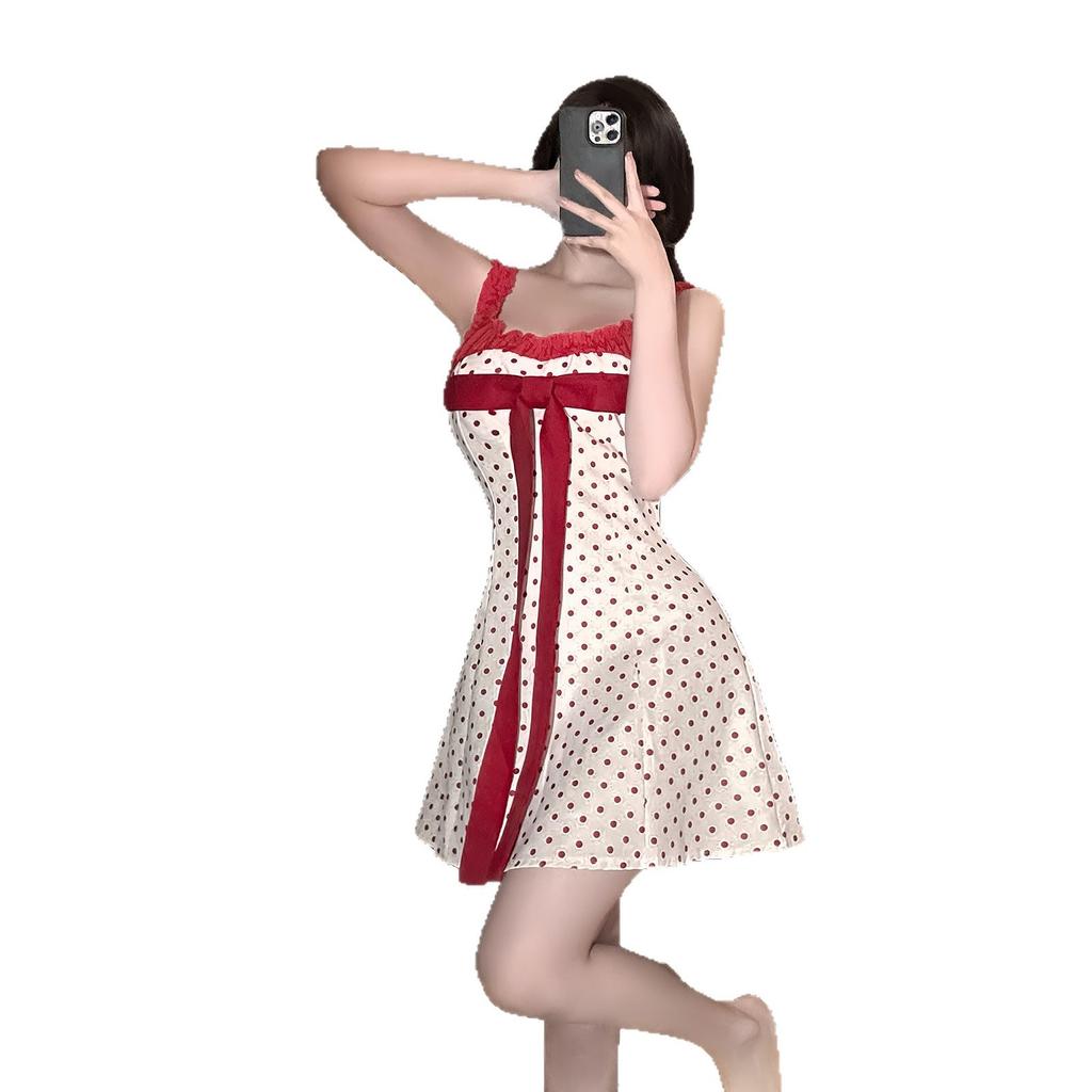 Sexy Lingerie Sexy Sweet Wind Sweet Greasy Cherry First Love Pure Desire Suspender Nightdress Bow Polka Dot