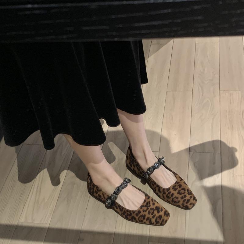 Sheepskin version temperament small square head love diamond belt shallow mouth Mary Jane shoes women's leopard print flat sole shoes