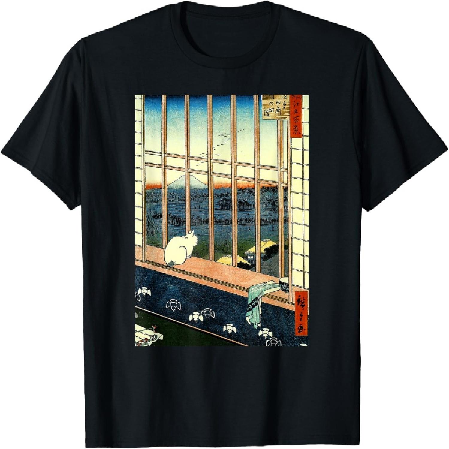 Vintage Japanese art Hiroshige Neko Cat Mount Fuji Ukiyo-e T-Shirt for Men Women S