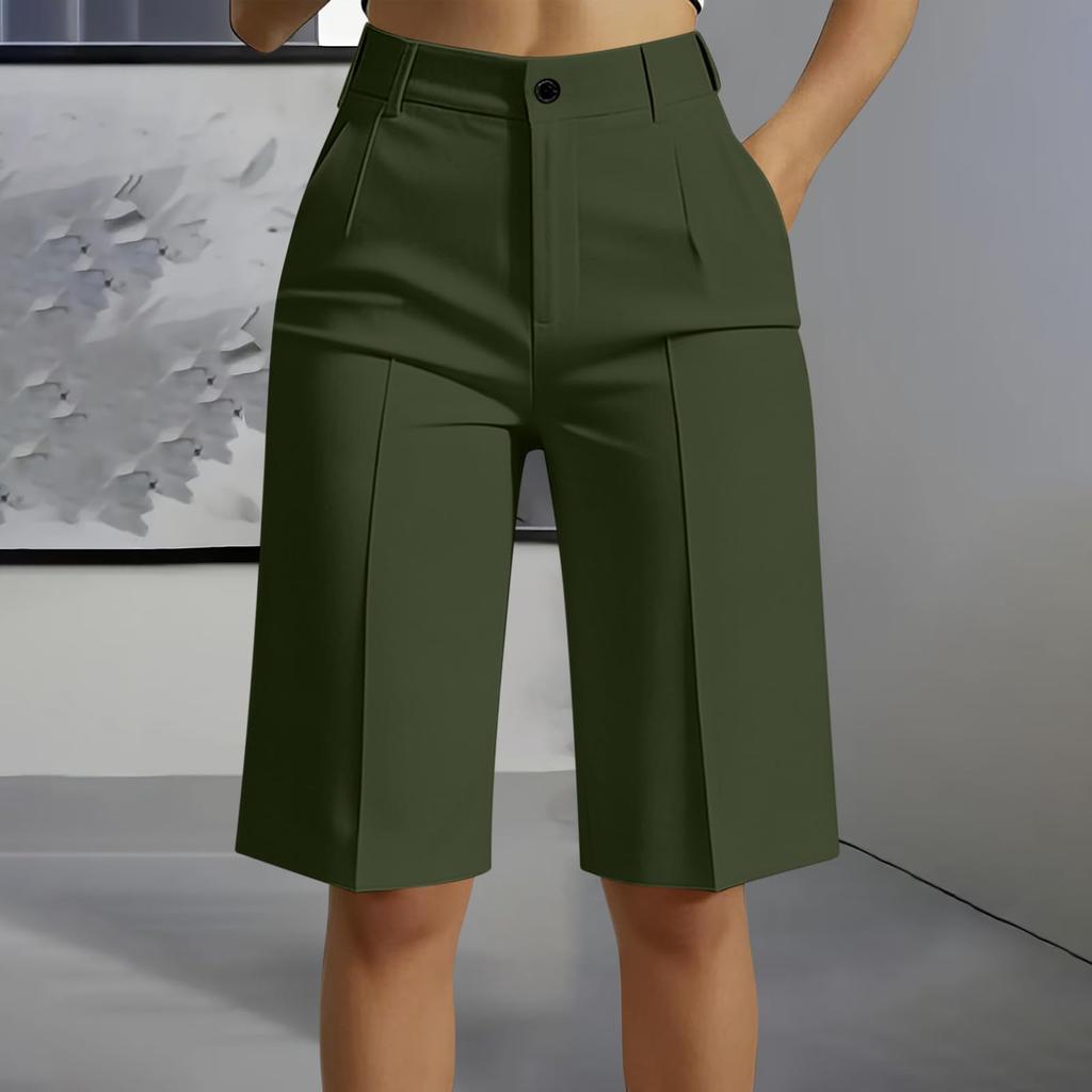 Women High Waist Straight Leg Tailored Bermuda Shorts Simple Design Office Style Knee Length Suit Shorts with Pockets