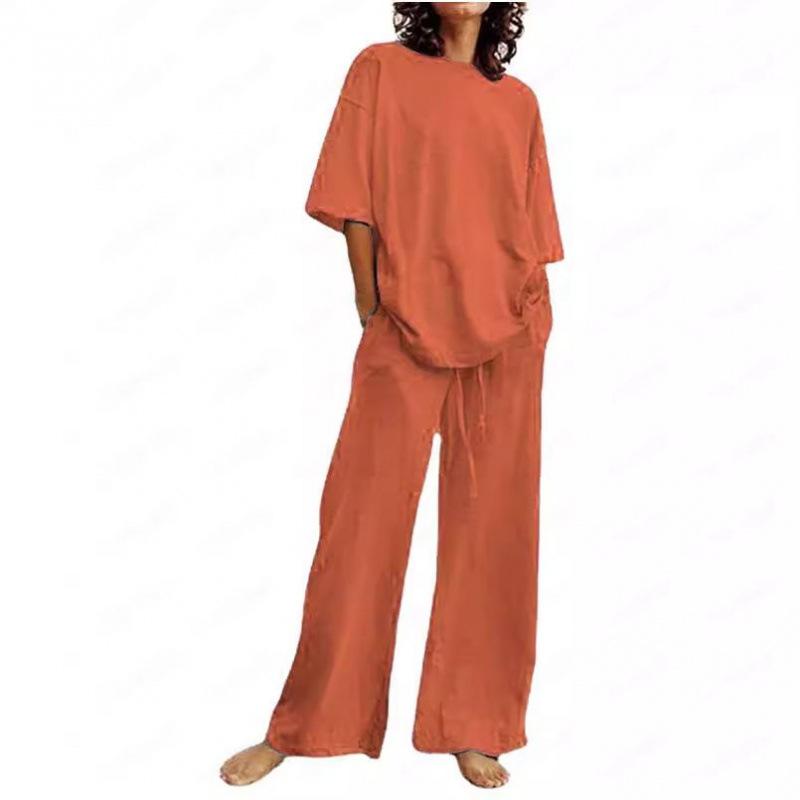 Women's 2-piece Summer Temshiyin Casual Belt Pocket Half-sleeved Top and Wide-leg Pants Set for Women