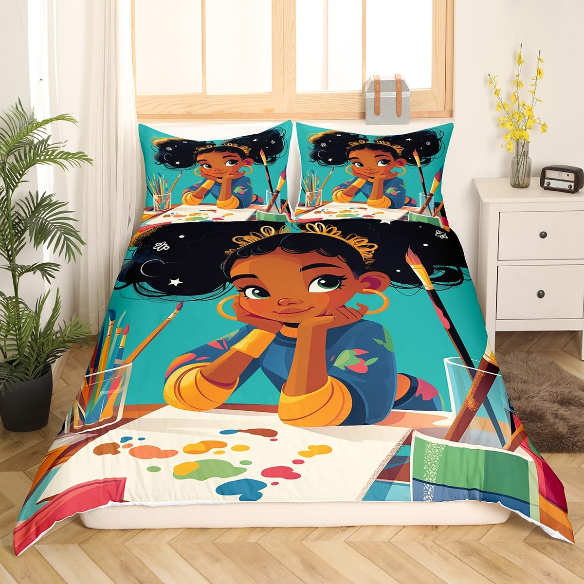 

Fantasy Black Girl Duvet Cover Sets for Kids Girls Women Teens Lightweight Quilt Covers African American Black Girl Bedding Sets US King(264x228cm)