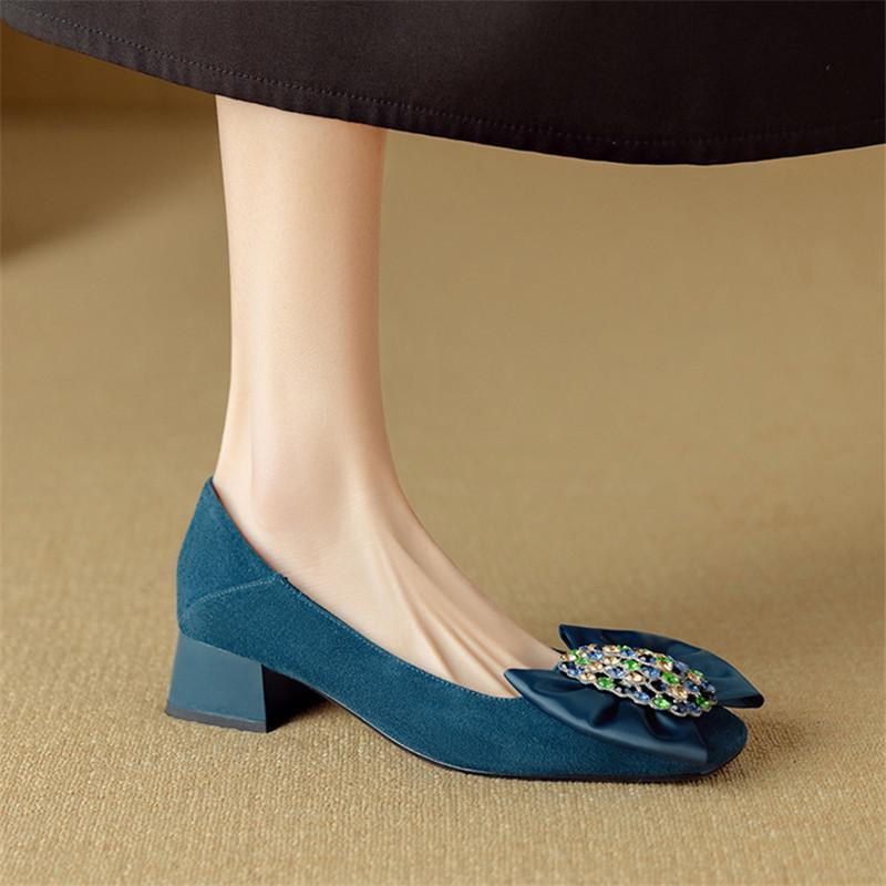 Modne Nowe Wiosenno-letnie Płytkie Buty z Owczej Skóry Zamszowej dla Kobiet Modna Kokarda Kwadratowy Nosek Damskie Czółenka Oddychające Buty na Średnim Obcasie Kobiety