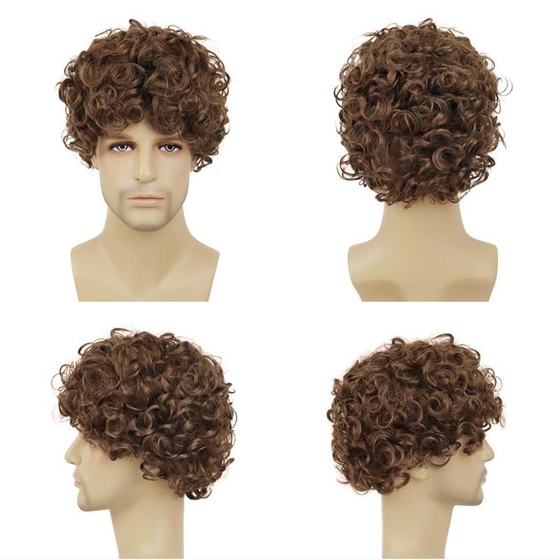 Men Wigs Natural Hairstyle Synthetic Fiber Short Brown Wig with Bangs Curly Wig Cosplay Carnival Halloween Costume Wig
