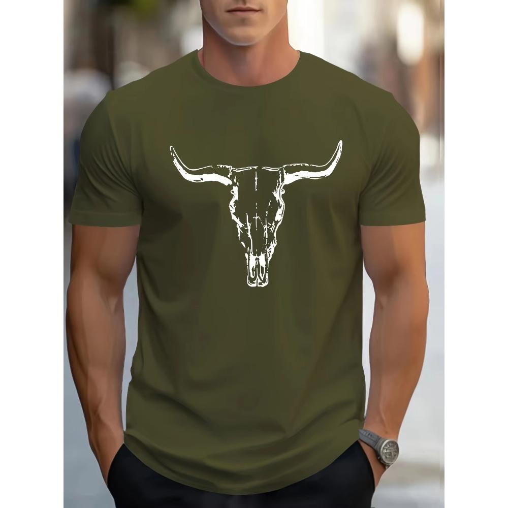 [Bull Skull Print Tee] Casual Bull Skull Print T Shirt - Short Sleeve Tees For Men - Summer