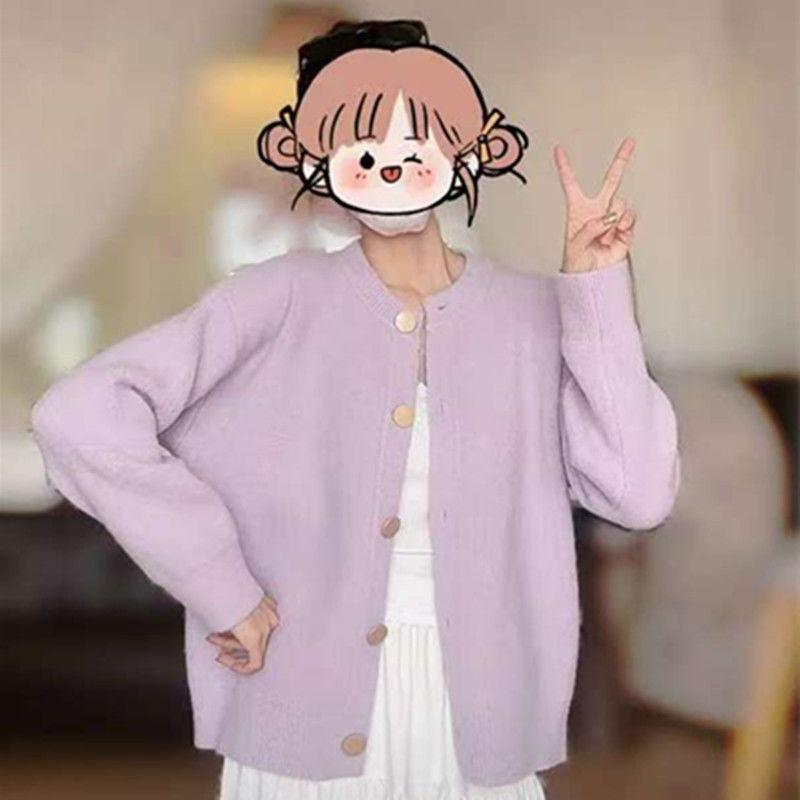 Womens Knit Cardigan Round Neck Metal Buttons Loose Fit Short Sweater Commute