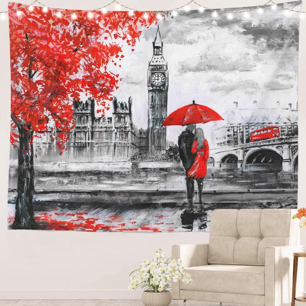 Black and White England Landmark Picnic Mat Hippie Trippy Tapestry Wall Art Meditation Decor for Bedroom Living Room Dorm, Red