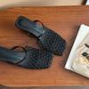 Fishnet Woven Cutout Sandals Women's Summer New Square Toe Shallow Mouth Alien Heel Half Slippers