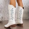 Bestickte weiße Westernstiefel Damen 2024 Schicke Slipper Dicke Absätze Kniehohe Stiefel Damenmode Spitzzehe Cowgirl Botas Mujer