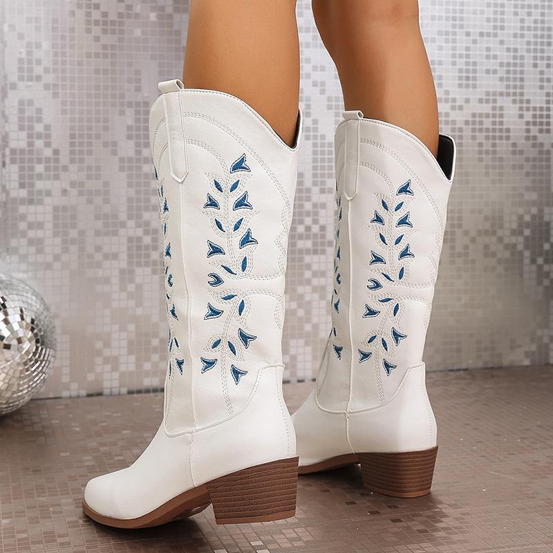 Bestickte weiße Westernstiefel Damen 2024 Schicke Slipper Dicke Absätze Kniehohe Stiefel Damenmode Spitzzehe Cowgirl Botas Mujer