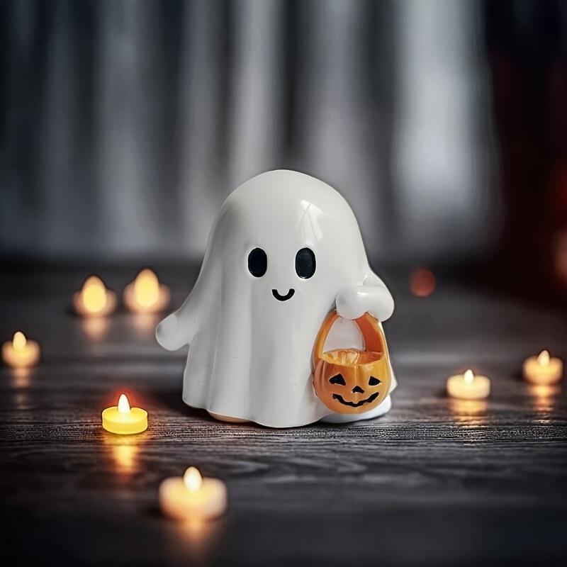 Cute Ghost Figurine with Pumpkin Bag Resin Ghost Halloween Statue Desktop Ornament For Halloween Decoration