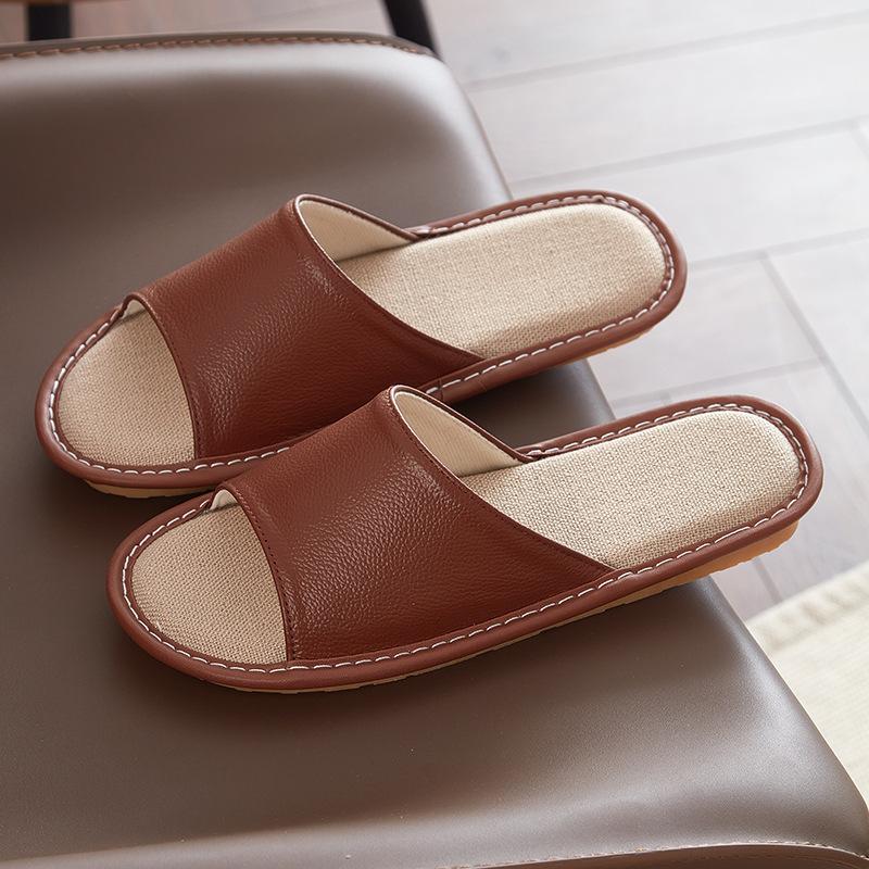Leather slippers first layer cowhide indoor home beef tendon bottom non-slip genuine leather linen slippers women's high sense of home