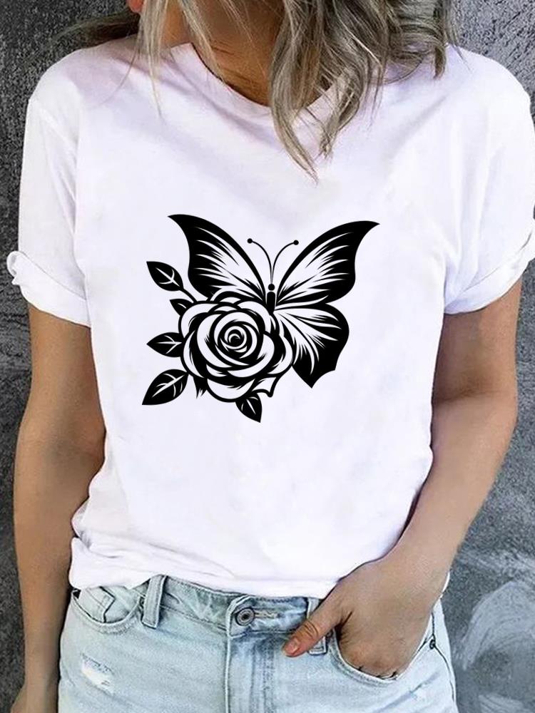 (Asian Size) Watercolor Flower Short Sleeve T-shirts Printed Clothing Lady Female Top Casual T Shirt Fashion Women Graphic Tee
