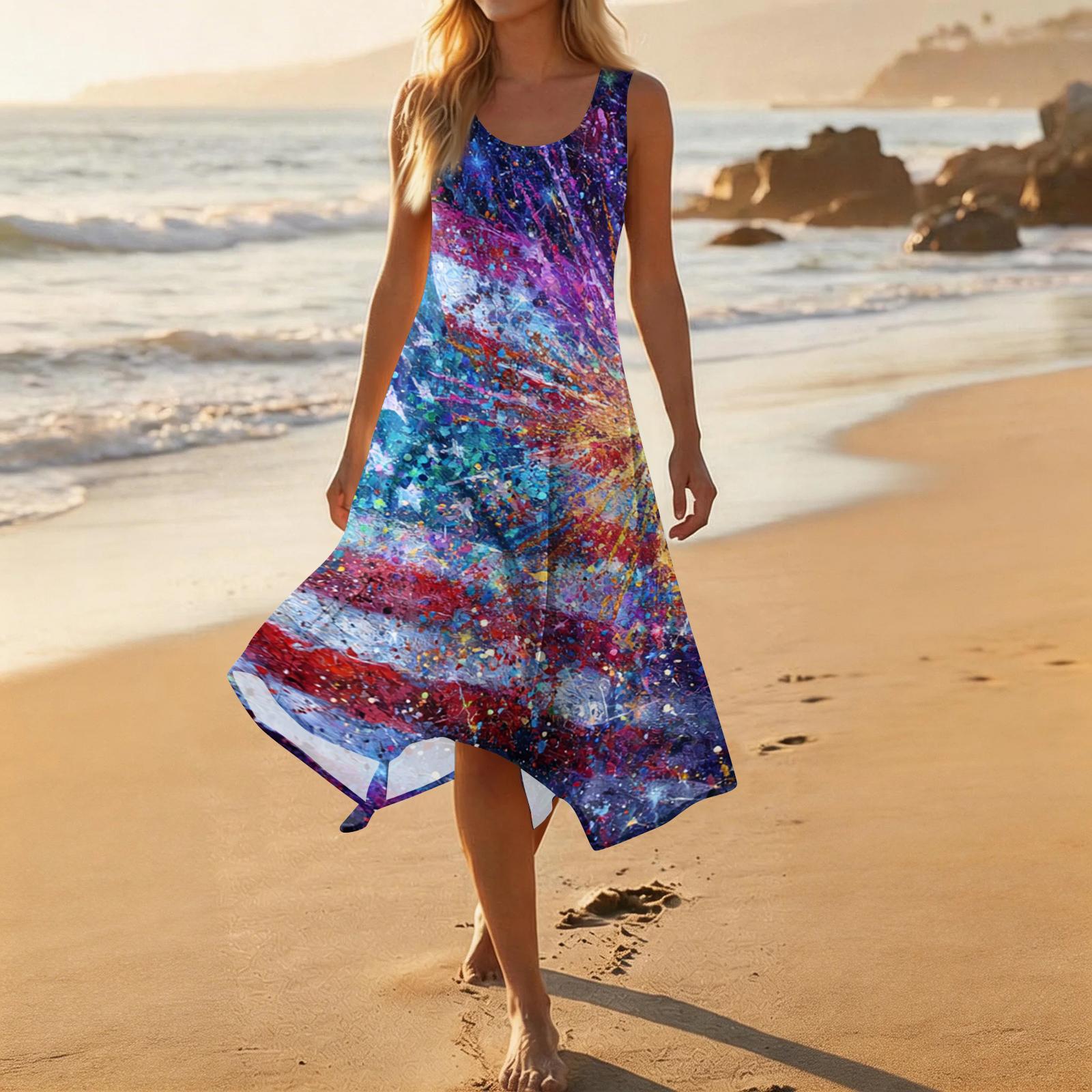 

Sleeveless Asymmetrical Hem Midi Dress with Star Print Gradient Pattern Loose Fit Round Neck Summer Dress for Women L