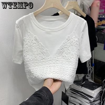 Korean Summer Solid Shirts Women Casual Round Collar Slim Vintage Short Sleeve Pure Cotton Lace Cropped Tops