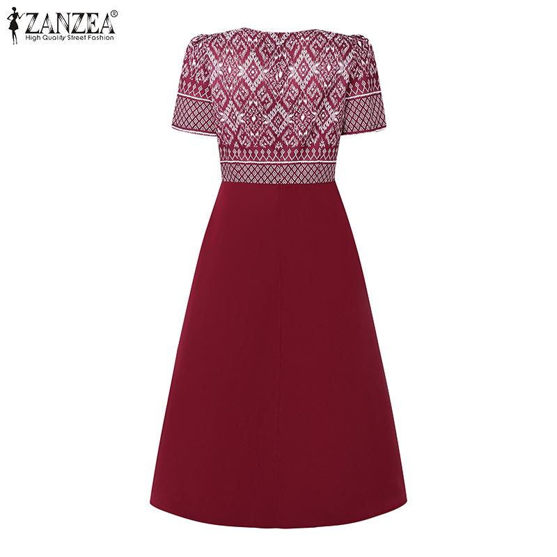 ZANZEA Ethnic Print Patchwork Casual Round Neck Short Sleeve Women Dress