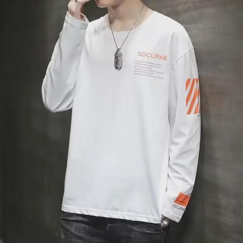 New Men's Slim Fit Long-Sleeved Round Neck T-Shirts - Stylish Korean Autumn Fashion with Lettering
