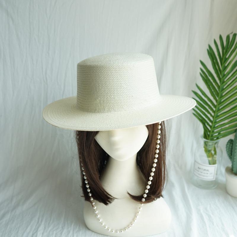 Japanese Celebrity French Retro Pearl White Flat Top Top Hat Women'S Summer Foreign Trade Export Shade Panama Straw Hat