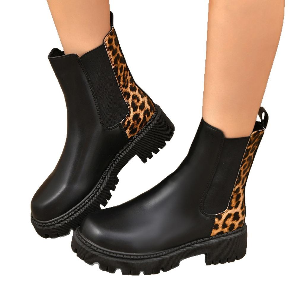 Fashion Fashion Leopard Print Platform Chelsea Boots Women Slip On Plus Size Thick Sole Ankle Boots Woman Pu Leather Short Booties Mujer
