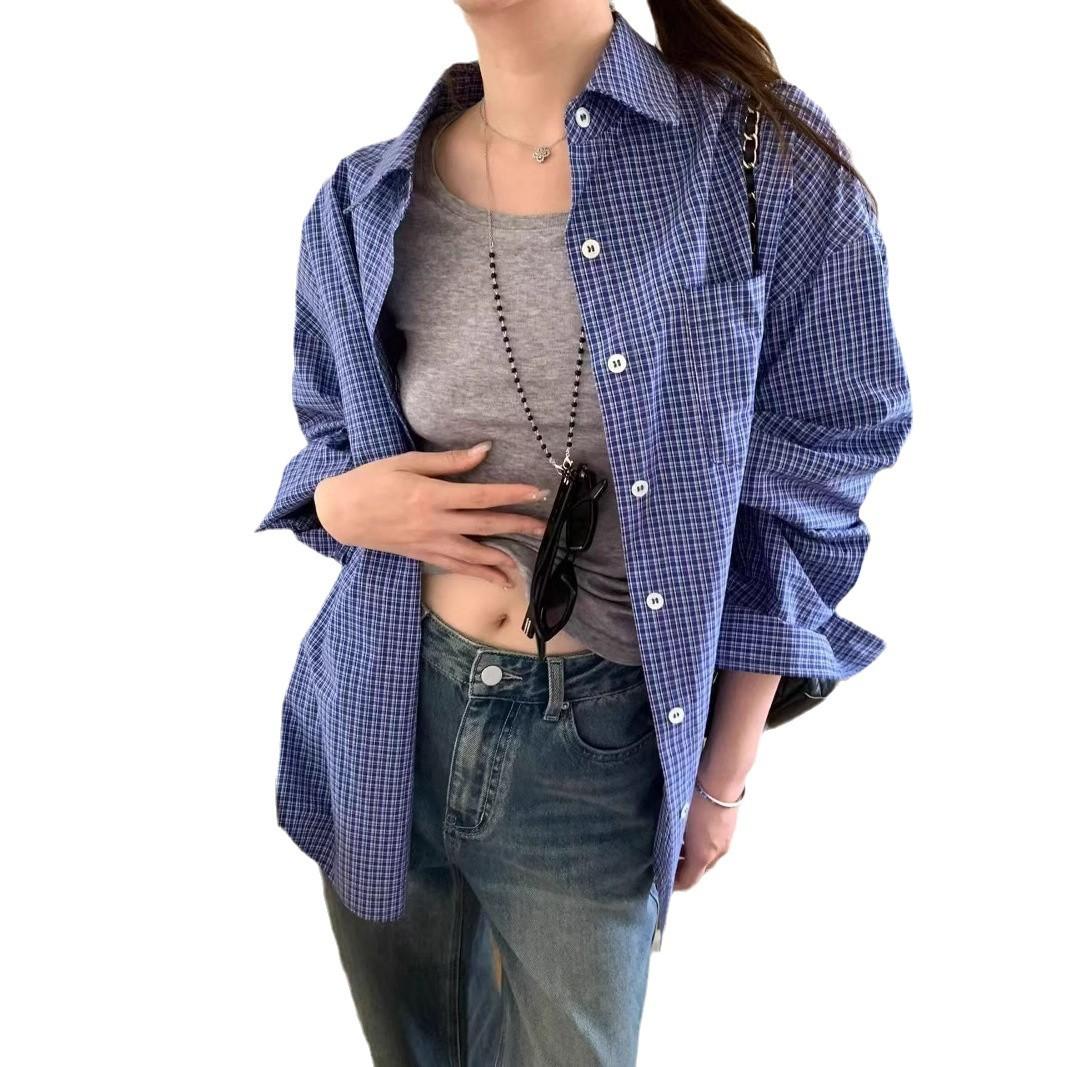 

Свободная повседневная клетчатая синяя рубашка женская весенне-осенняя американская куртка-кардиган летняя тонкая солнцезащитная XXL синий