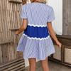 Ladies' Summer Fashion A-line Dress With Lace Stripe Print Splicing Loose And Cool Stand Up Collar Dress