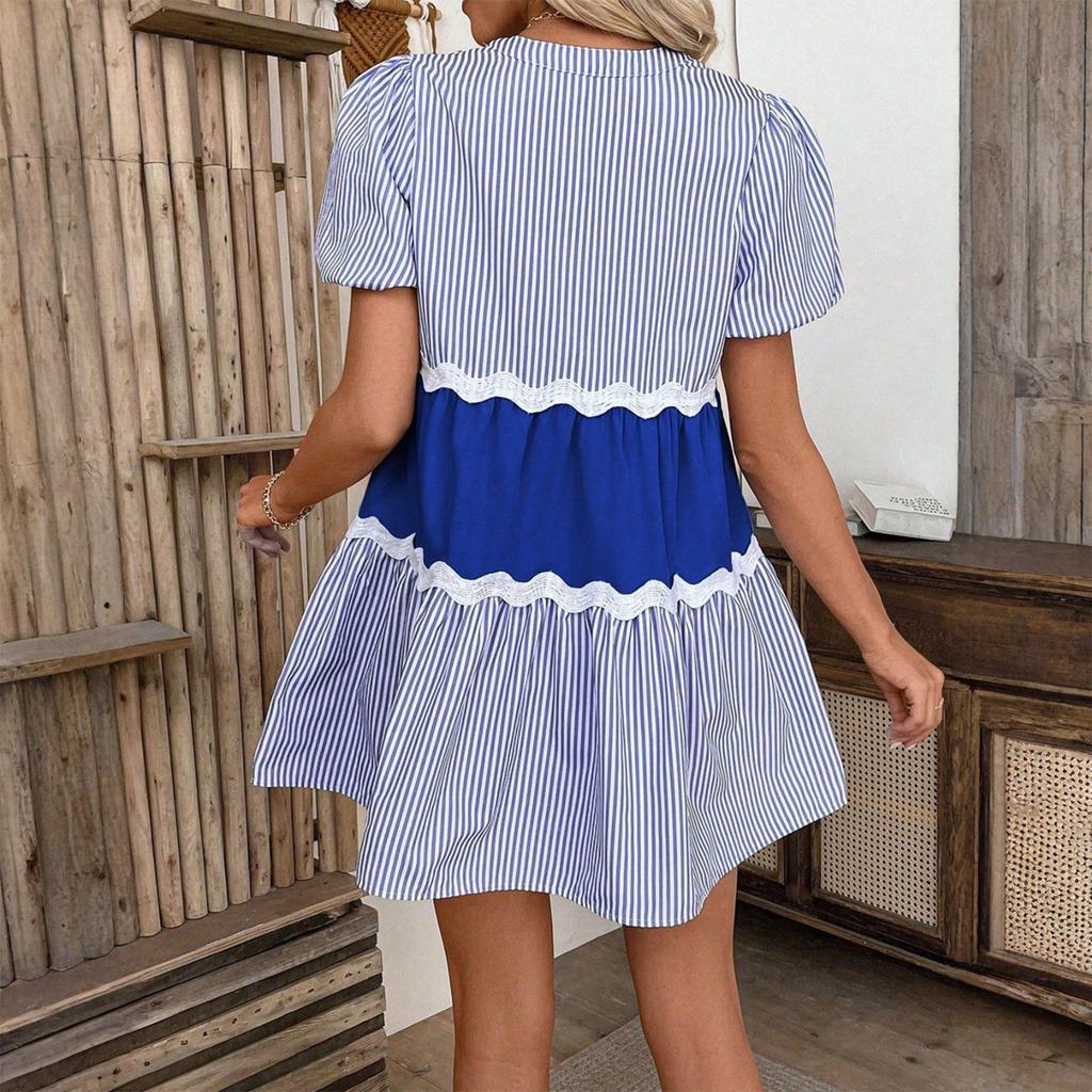 Ladies' Summer Fashion A-line Dress With Lace Stripe Print Splicing Loose And Cool Stand Up Collar Dress