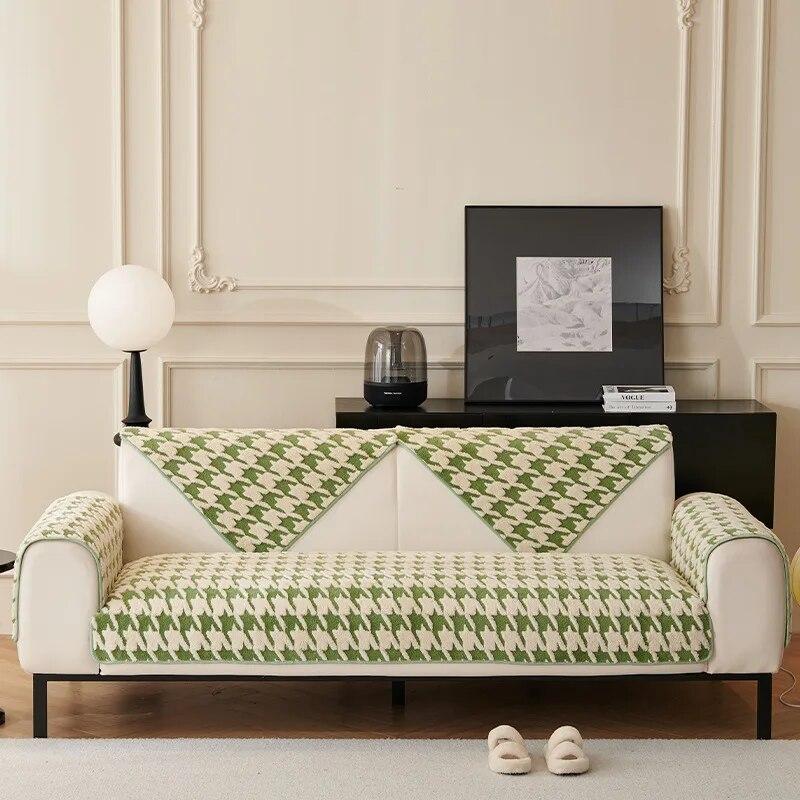 Grid Sofa Cushion Thicken Plush Sofa Cover Anti Slip Leather Armrest Backrest Towel Full Package Combination Durable Versatile