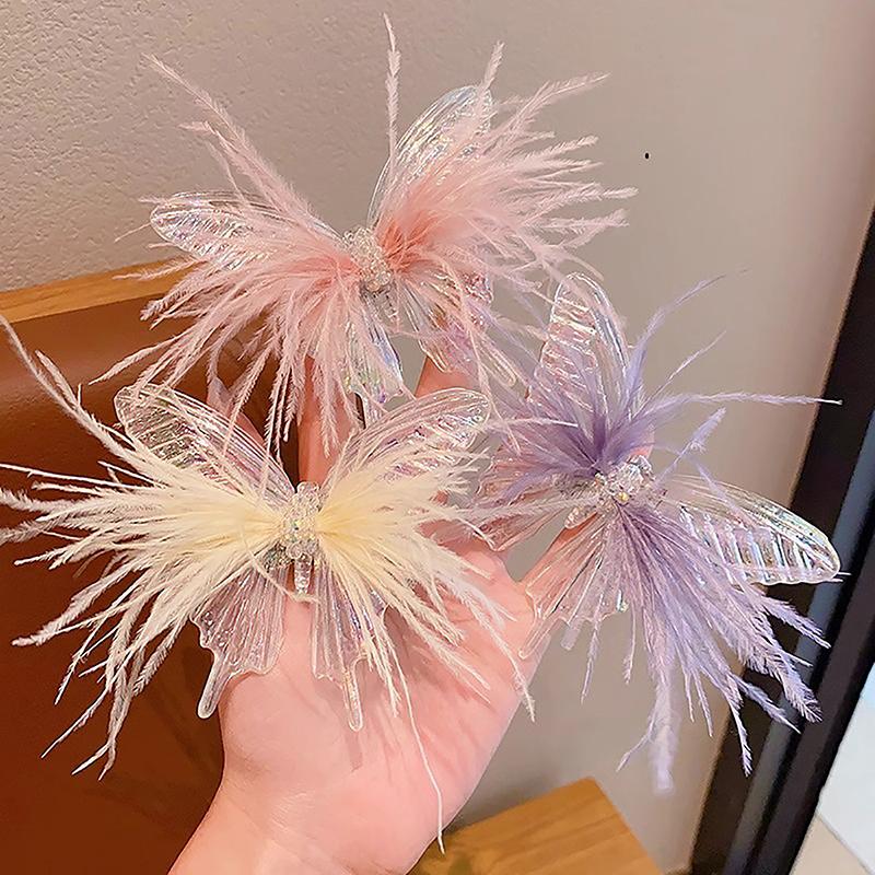 Children Korean Colorful Boutique Feather Butterfly Hair Clip Fairy Beauty Princess Girl Headdress Side Card Accessories