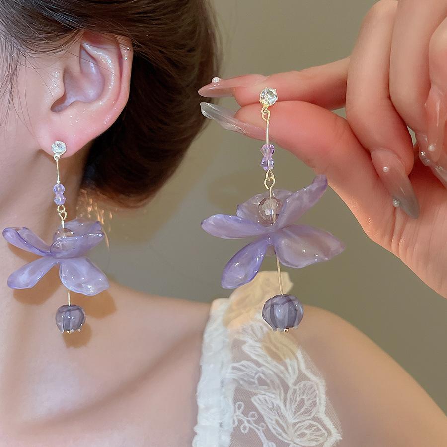 Silver needle fabric rice bead chiffon flower beaded fringed earrings super fairy sweet temperament stud earrings niche design earrings